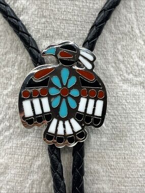 Thunderbird Blue and Red Bolo Necklace on Black Braided Cord